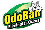 OdoBan brand logo with stylized mascot and the tagline 'Eliminates Odors' on a green oval background.