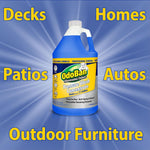 OdoBan Pressure Wash Concentrate bottle centered on a blue radial burst background with yellow text listing decks, homes, patios, autos and outdoor furniture.