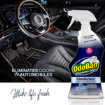 OdoBan Night Ice spray bottle overlaid on a luxury car interior with text about eliminating odors in automobiles.