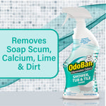 OdoBan Shower, Tub & Tile cleaner bottle with infographic text 'Removes Soap Scum, Calcium, Lime & Dirt' and tiled background