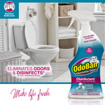 Bathroom scene showing toilet and shelving with an OdoBan cotton breeze disinfectant spray bottle in the foreground
