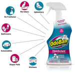 OdoBan cotton breeze spray bottle with infographic icons pointing to uses like bathrooms, upholstery and kitchens