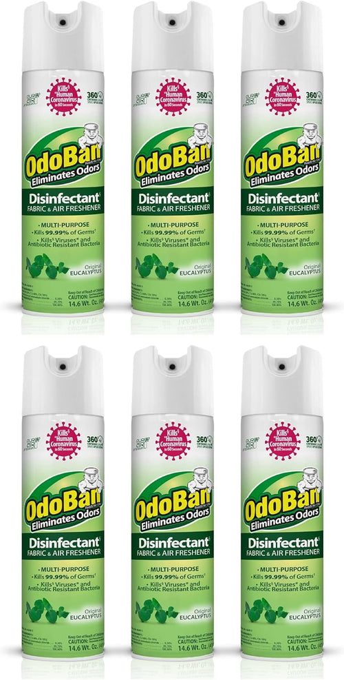 Six identical OdoBan Disinfectant fabric and air freshener aerosol cans with eucalyptus label arranged in two rows.