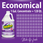 Purple economical graphic showing an OdoBan concentrate bottle and a grid of small spray bottle icons illustrating dilution yield.