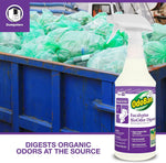 OdoBan Eucalyptus BioOdor Digester spray bottle placed in front of a blue dumpster filled with green trash bags and product messaging.