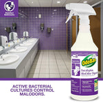 OdoBan Eucalyptus BioOdor Digester spray bottle shown beside a tiled public restroom sink area with promotional text.
