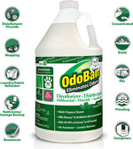 Single one-gallon OdoBan concentrate jug with green eucalyptus label, surrounded by circular icons showing cleaning uses and applications.
