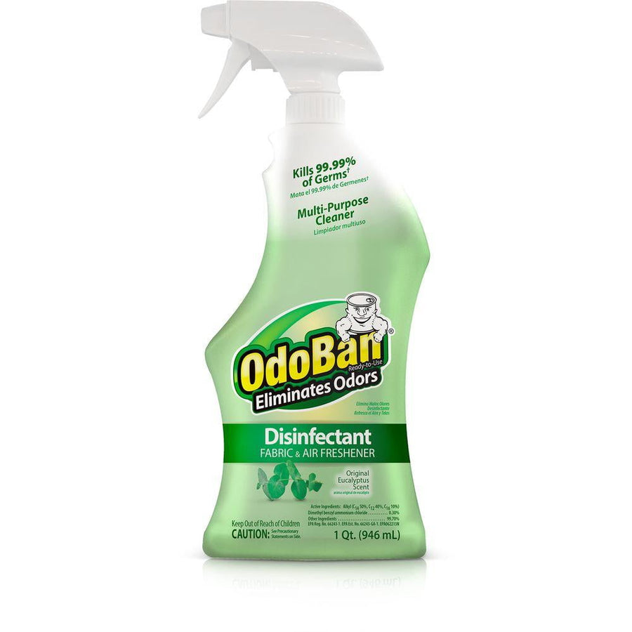 Green OdoBan disinfectant spray bottle with eucalyptus labeling and white trigger top, front view