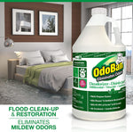 OdoBan one-gallon concentrate with green eucalyptus label shown in a bedroom flood-restoration scene, labeled for mildew odor elimination.