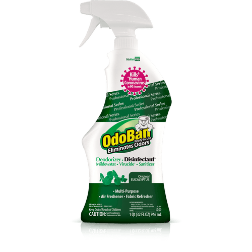 OdoBan eucalyptus deodorizer disinfectant spray bottle photographed on white background with green label