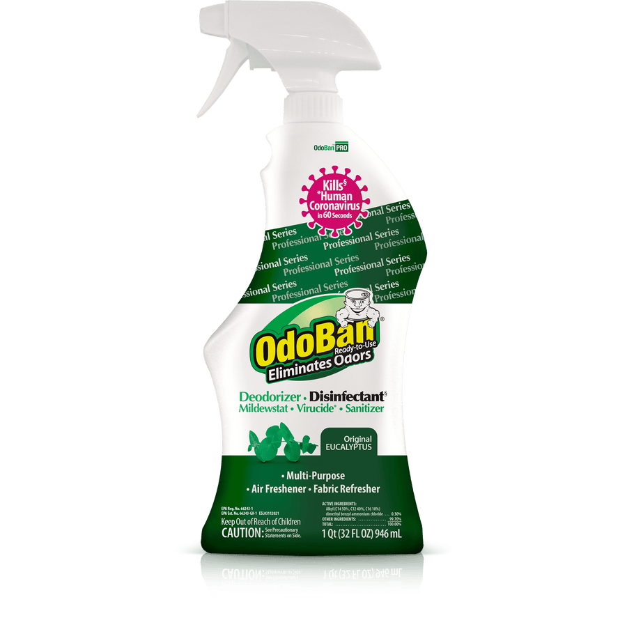 OdoBan eucalyptus deodorizer disinfectant spray bottle photographed on white background with green label