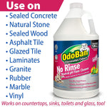 Single jug of OdoBan No Rinse Neutral pH Floor Cleaner beside a list of surfaces it can be used on