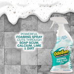 OdoBan Shower, Tub & Tile bottle beside tiled surface with foam graphic and text about powerful foaming spray