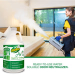 Lifestyle photo of a technician using a fogger in a bedroom with an inset OdoBan one-gallon air freshener jug