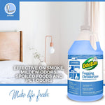 Lifestyle marketing image showing an OdoBan fogging deodorizer gallon beside a clean bedroom and text about effectiveness on smoke and odors.