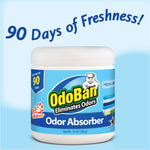 Front-facing OdoBan odor absorber jar on a pale blue background with text proclaiming 90 days of freshness.