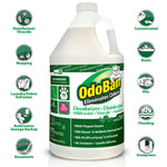 Single one-gallon OdoBan concentrate bottle centered with icons indicating uses like mopping, boats, RVs and basements
