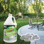 OdoBan Outdoor & Yard gallon jug placed in front of a backyard patio and lawn with promotional usage text