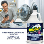 Laundry scene with a one-gallon OdoBan Night Ice bottle in foreground and text claiming it freshens and softens laundry