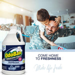 Lifestyle image of smiling man and child with a large OdoBan Night Ice gallon bottle and ‘Come home to freshness’ text