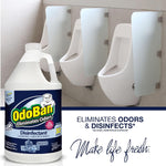OdoBan Night Ice gallon bottle pictured against a restroom background with text stating it eliminates odors and disinfects