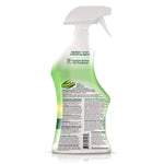 Rear view of a green OdoBan disinfectant spray bottle showing label text, directions and a white trigger sprayer on a white background.