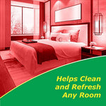 Promotional bedroom scene tinted red with green banner and text "Helps Clean and Refresh Any Room" for OdoBan cherry air freshener