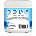 Rear label of an OdoBan odor absorber jar showing use icons, barcode and company contact information.