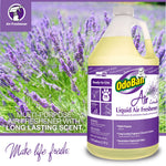 Single OdoBan Lavender Liquid Air Freshener jug over a lavender field background with product benefit text.
