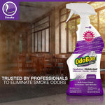 OdoBan lavender spray bottle pictured in a smoky dining room scene with text promoting elimination of smoke odors.