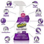 Single OdoBan lavender spray bottle surrounded by icons showing uses like bedding, carpet, kitchens, and pet odors.