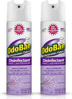 Two OdoBan lavender disinfectant fabric and air freshener aerosol cans side by side with purple labeling