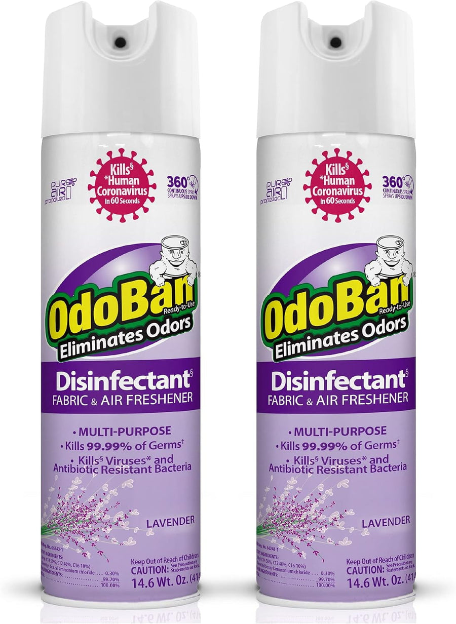 Two OdoBan lavender disinfectant fabric and air freshener aerosol cans side by side with purple labeling