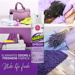 Lifestyle collage with OdoBan lavender disinfectant aerosol centered among home scenes and lavender imagery