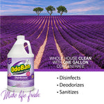 lavender field background with an odoban lavender disinfectant one-gallon jug and text highlighting whole-house cleaning and bullets for disinfects, deodorizes, sanitizes