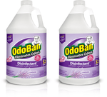Two identical one-gallon OdoBan lavender disinfectant bottles with purple labels shown side by side on a white background.