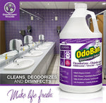 OdoBan one-gallon jug with purple lavender label placed in front of a row of sinks in a tiled public restroom; disinfectant badge visible.