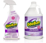 Two lavender-scent OdoBan disinfectant bottles: a trigger spray and a one-gallon concentrate jug with purple labels