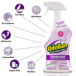 Purple OdoBan lavender disinfectant spray with illustrated icons for uses like pet odors, upholstery, bathrooms, kitchens and automobiles.