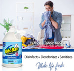 Lifestyle image of a man smelling a shirt near a pile of laundry with an OdoBan gallon bottle pictured in the foreground