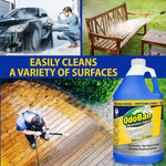 Composite image showing pressure washing a car, wooden bench and deck, with OdoBan Pressure Wash Concentrate bottle and text about cleaning surfaces.