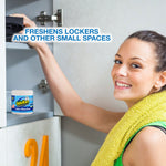 Woman placing an OdoBan odor absorber jar inside a locker with overlay text about freshening lockers and small spaces.