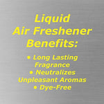 Silver-metallic style panel listing liquid air freshener benefits in yellow text: long lasting fragrance, neutralizes unpleasant aromas, dye-free