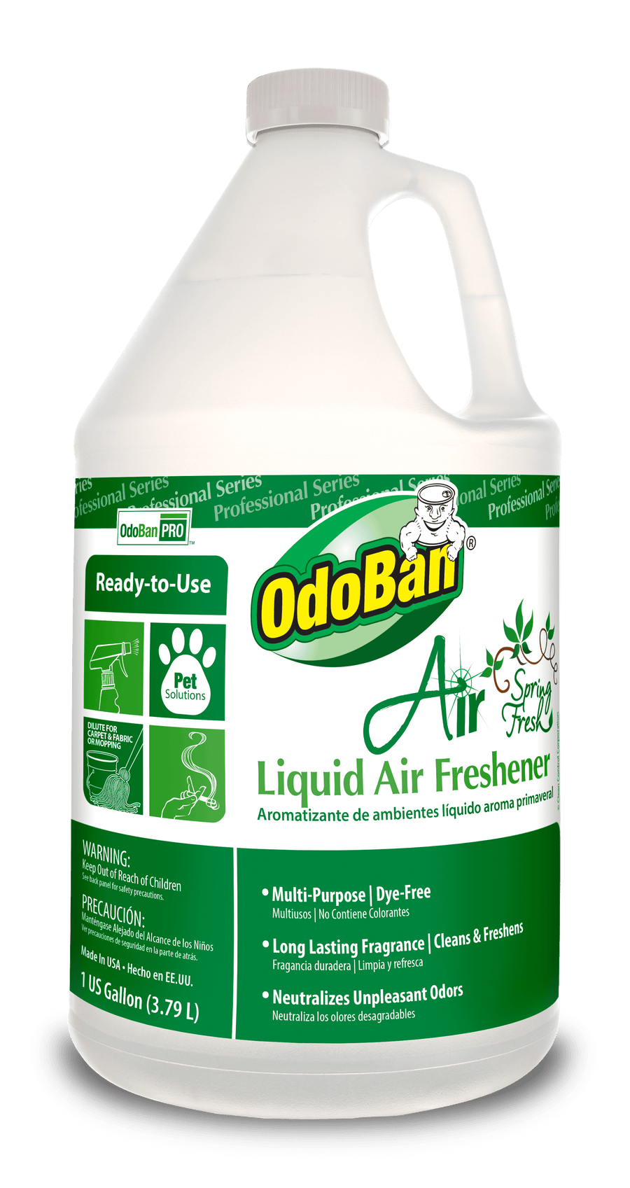 White one-gallon jug of OdoBan Air Liquid Air Freshener with green Spring Fresh label and product branding