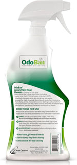 Back label and instructions on an OdoBan Luxury Vinyl floor cleaner white spray bottle against a white background