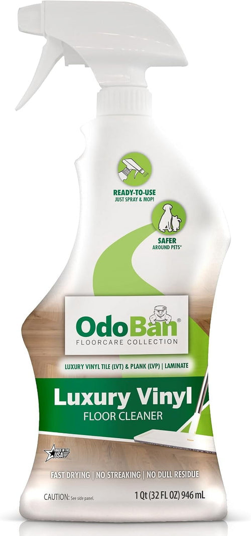 Close-up front view of an OdoBan Luxury Vinyl floor cleaner white spray bottle with label and wood floor graphic