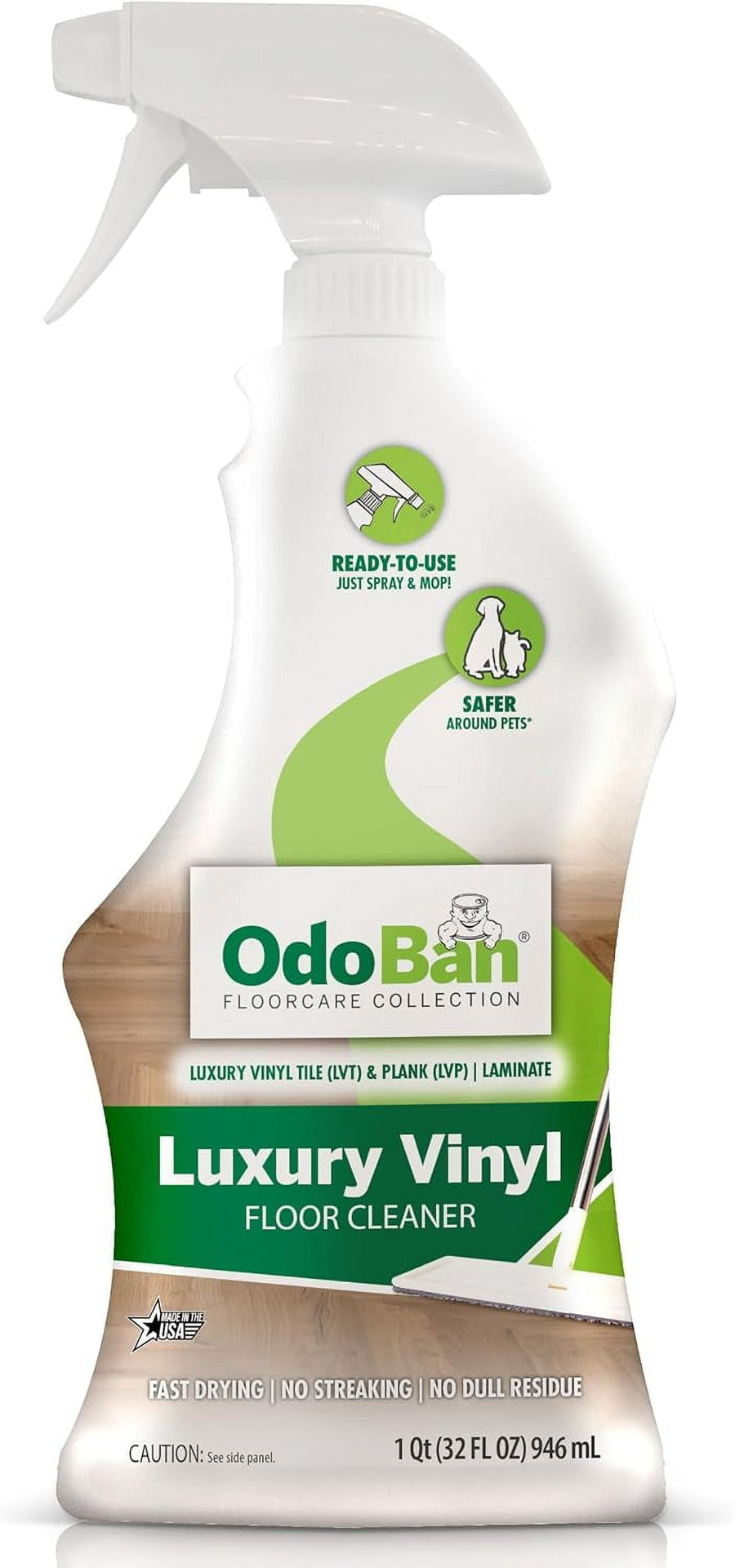 Close-up front view of an OdoBan Luxury Vinyl floor cleaner white spray bottle with label and wood floor graphic