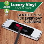 Mop head on a wood-look floor with text and OdoBan Luxury Vinyl branding promoting gentle everyday cleaning