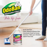 Lifestyle image of a person mopping a floor with an OdoBan No Rinse Floor Cleaner jug and product benefits listed