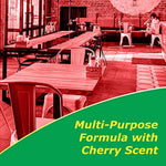 Styled promotional image tinted red showing a restaurant interior with text highlighting a multi-purpose formula with cherry scent